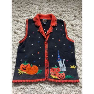 Vintage Designer Originals Halloween Embroidered Sweater Vest Adult S Spooky Art
